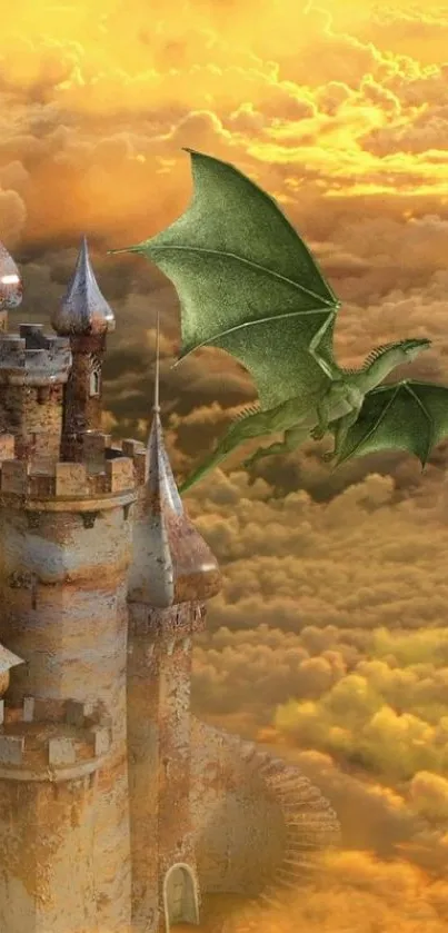 Fantasy wallpaper with dragon and castle above golden clouds.