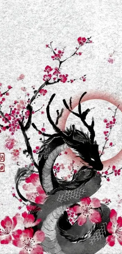 Dragon with cherry blossoms on textured background.