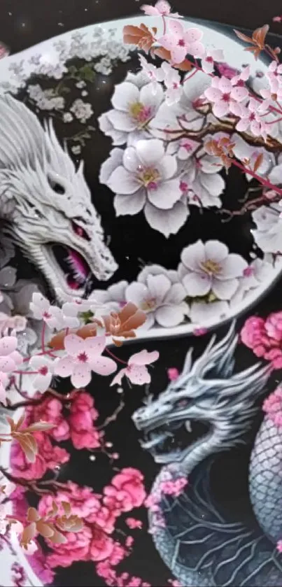 Dragon entwined with cherry blossoms creating a serene balance on a phone wallpaper.