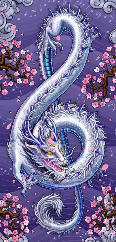 Dragon entwined with cherry blossoms on purple background.