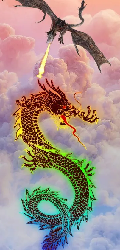 Colorful dragon and clouds in fantasy wallpaper.