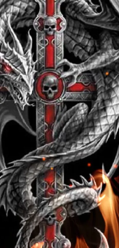 Dragon entwined on a Gothic cross with red and gray accents.