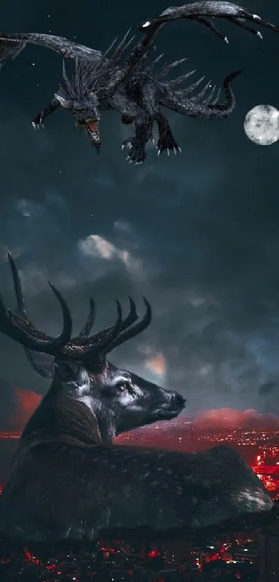 Dragon flying with deer under a moonlit sky in a fantasy setting.