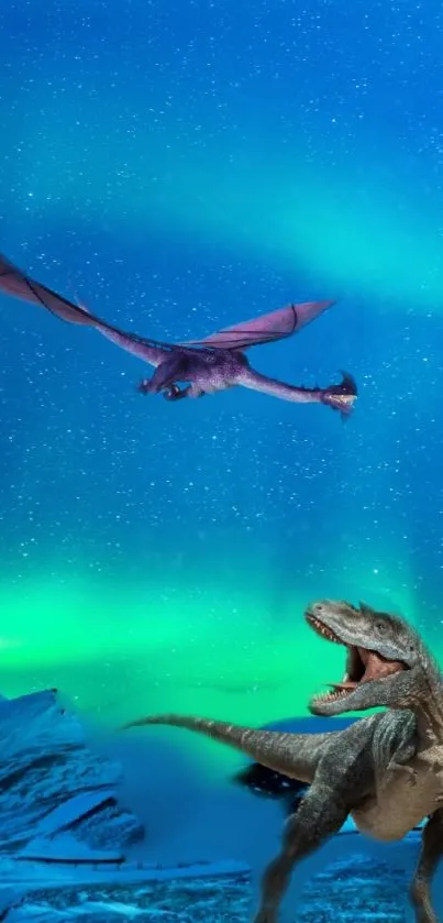 Dragon and dinosaur beneath a glowing aurora sky.