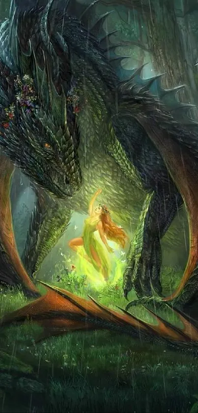 Fantasy artwork of a dragon and fairy in a mystical forest.