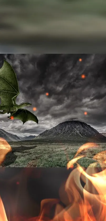 Flying dragon with dark skies and flames in a mountainous fantasy scene.