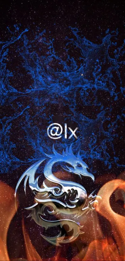 Fantasy phone wallpaper with dragon, fire, and cosmic elements.