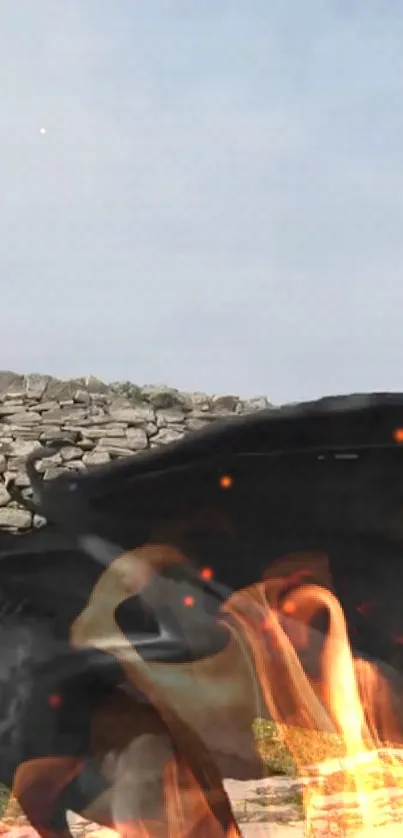 Fiery dragon with stone backdrop, fantasy scene.
