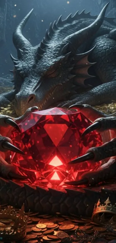 A dragon clutching a glowing red gem.