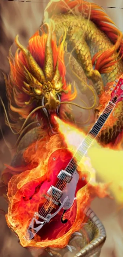 Fiery dragon with flaming guitar mobile wallpaper.