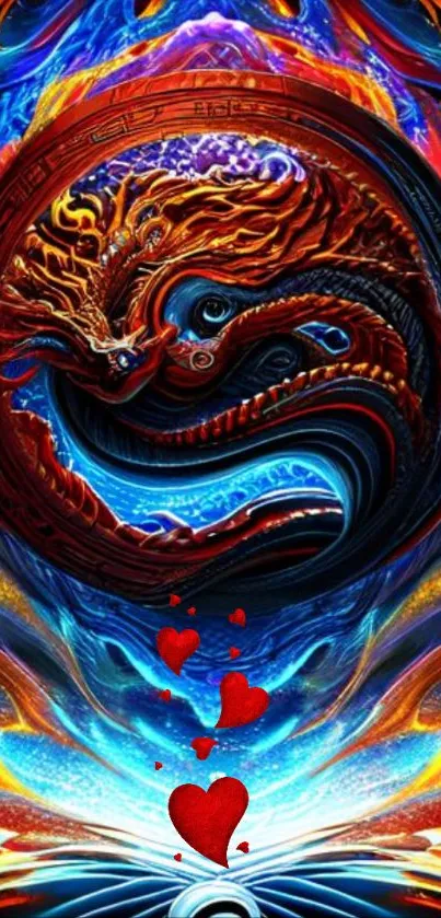 Vibrant dragon and hearts wallpaper with dynamic colors.