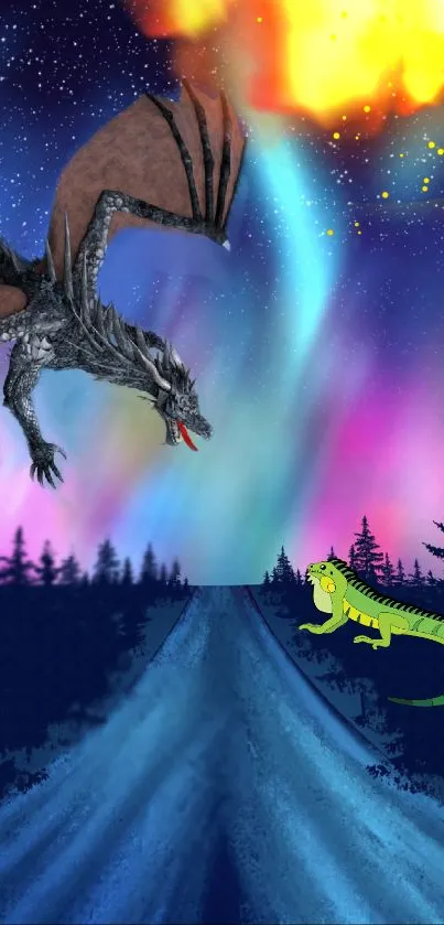 Dragon engaging with iguana under a colorful night sky.