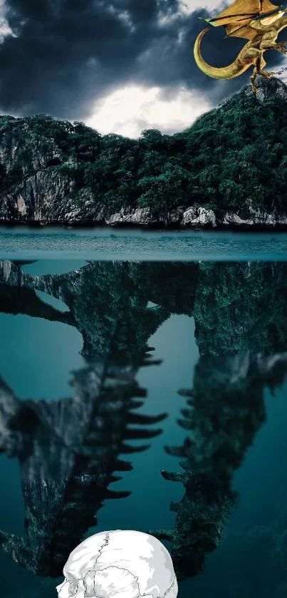 Dragon flying over island reflected in calm teal waters.