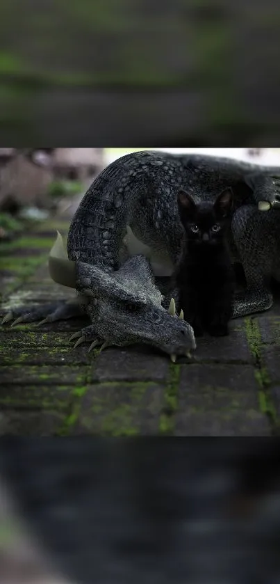 Dragon resting with a black kitten on a mystical brick path.