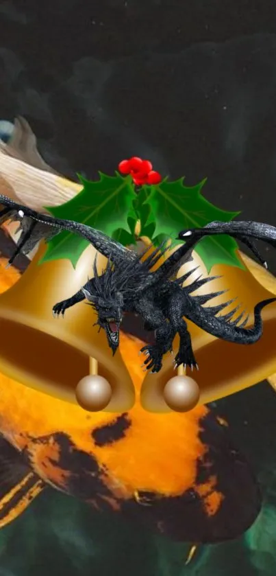 Black dragon over bells with koi fish on holiday-themed wallpaper.