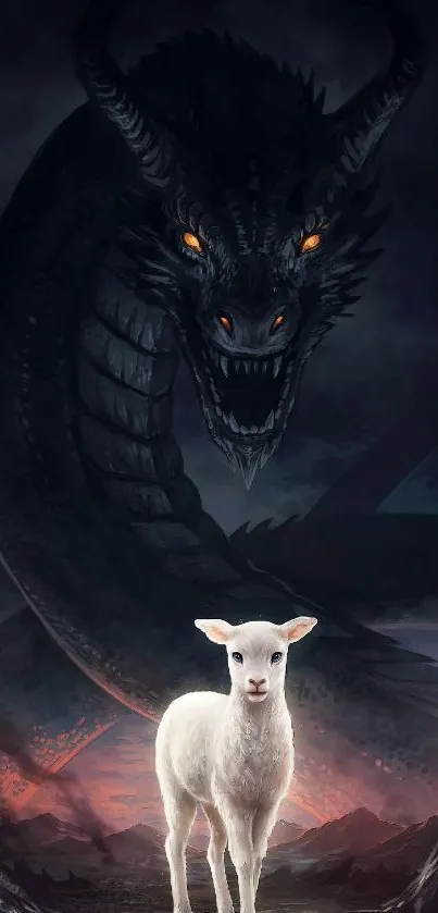 Fantasy art of a dragon and lamb, contrasting strength and innocence.