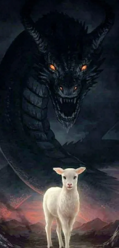 Mobile wallpaper of a dragon looming over a lamb, set in a dark fantasy landscape.