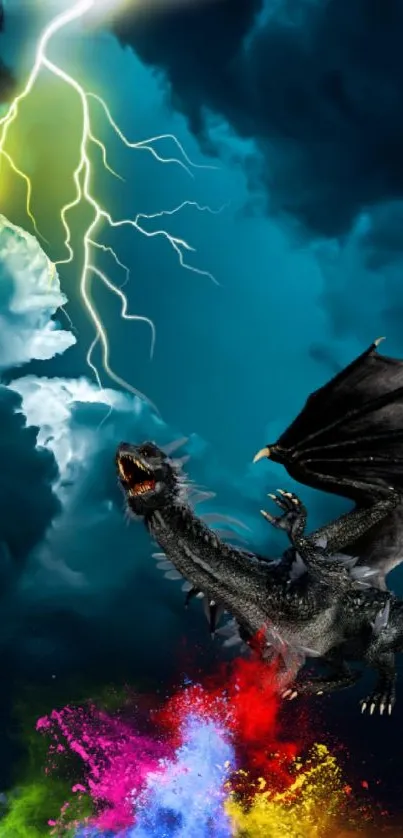 Fantasy wallpaper featuring a dragon flying through a stormy sky with lightning.