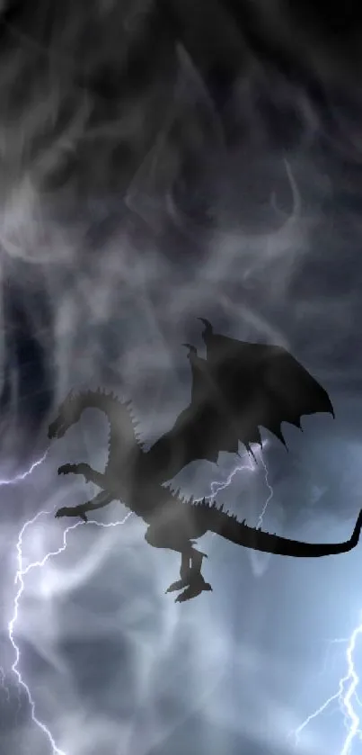 Silhouetted dragon flying through a stormy sky with lightning.