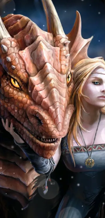 Fantasy art of a maiden and a dragon with a mystical background.