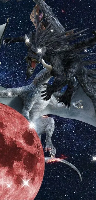 Dragon flying near a red moon in starry night sky.