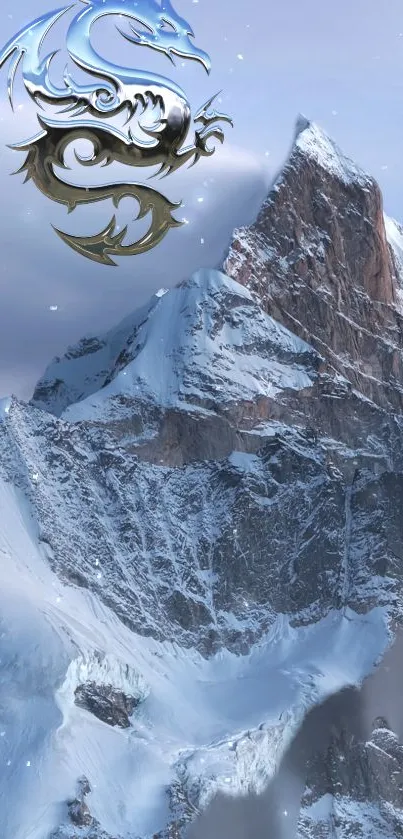 A fantasy wallpaper with a dragon above a snowy mountain peak.