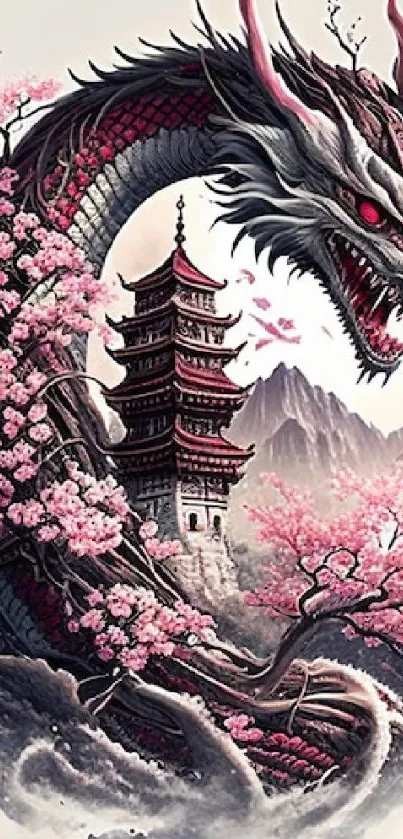 Fantasy dragon and pagoda amidst cherry blossoms and mountains.