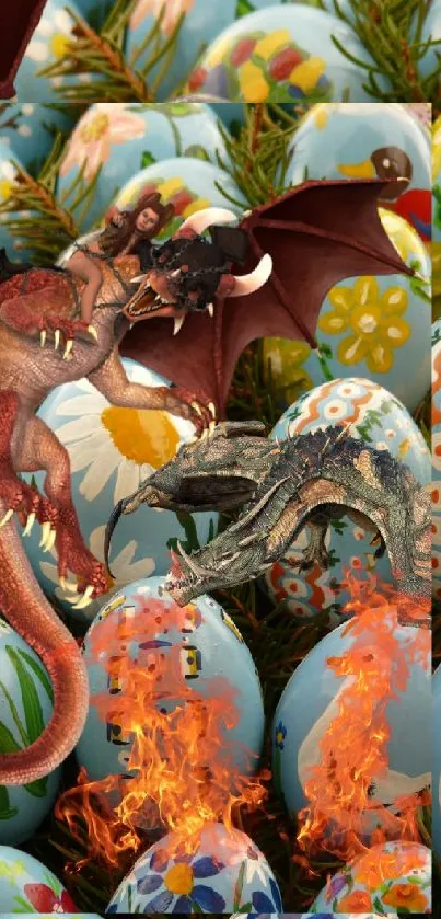 Dragons flying over colorful painted Easter eggs.