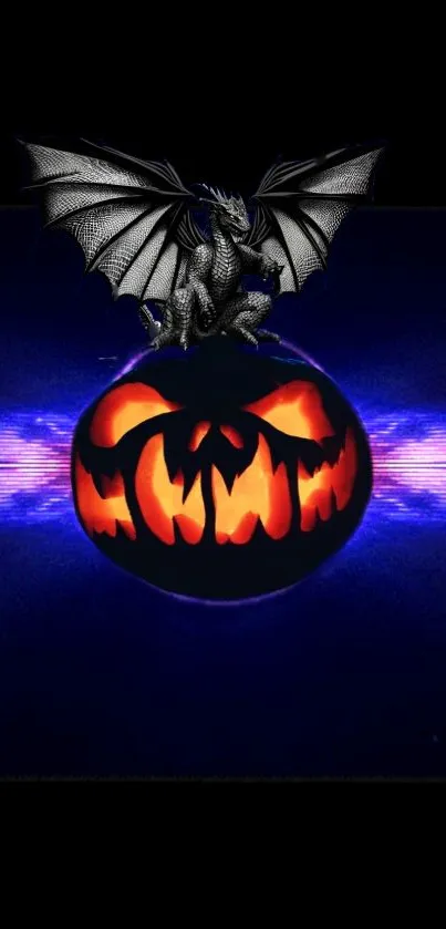 Dragon sits atop a glowing Jack-o'-lantern on a dark blue background.