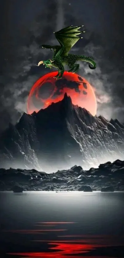 Green dragon flying over a red moon on a dark landscape wallpaper.