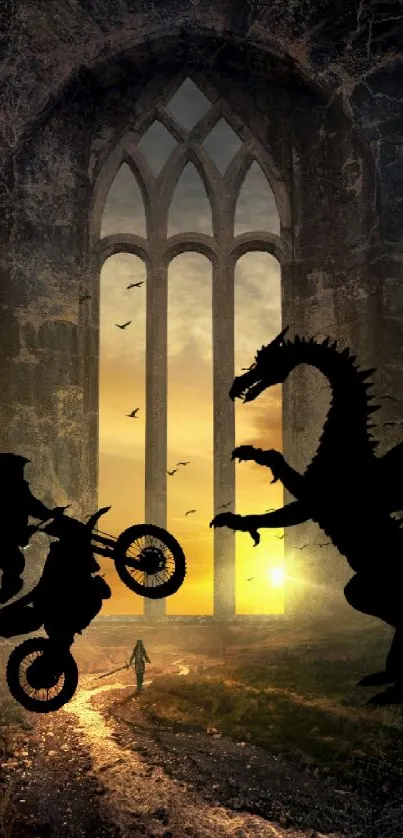 Silhouetted dragon and rider in front of a gothic window during sunset.