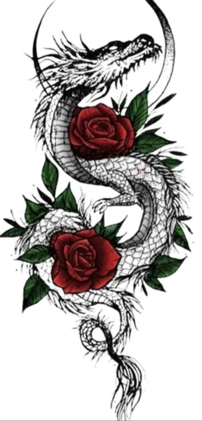 Black and white dragon with red roses and green leaves in artistic design.