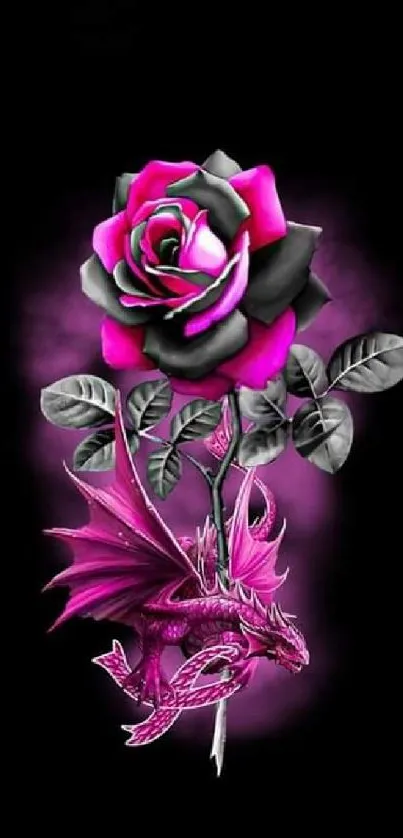 Pink dragon with black rose on dark background wallpaper.