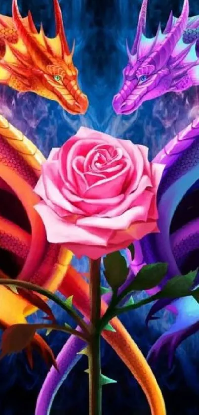 Colorful dragons encircling a pink rose with a fantasy theme.