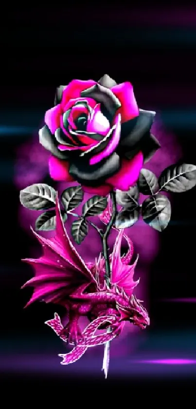 Pink dragon entwined with a vibrant rose on a dark background.