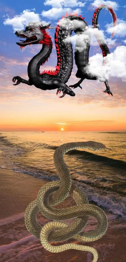 Dragon and serpent under sunset sky on beach.