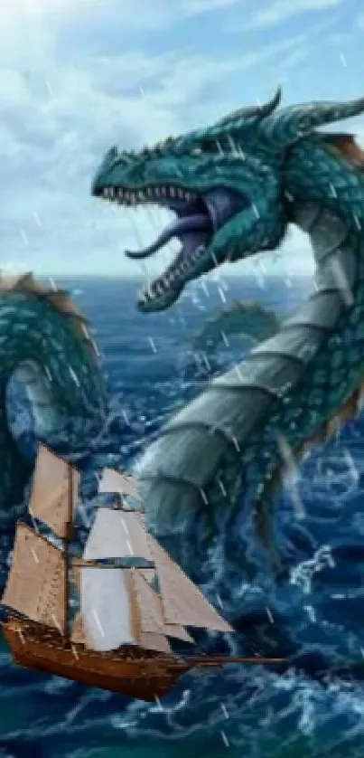 Fantasy art of a dragon battling a ship on ocean waves.