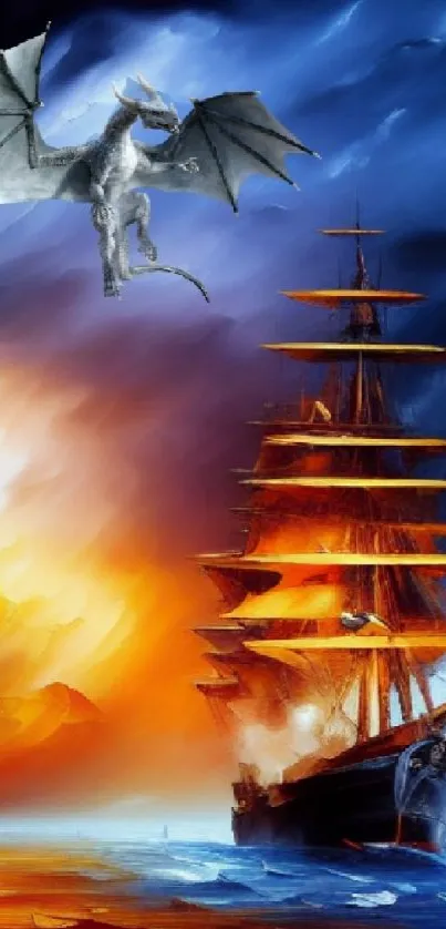 Fantasy wallpaper with dragon and ship on a vivid, colorful sky background.