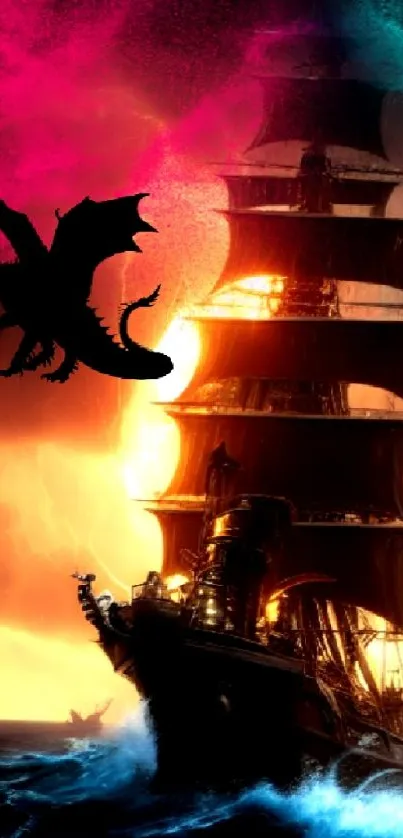 Fantasy dragon and pirate ship at sunset with vivid colors.