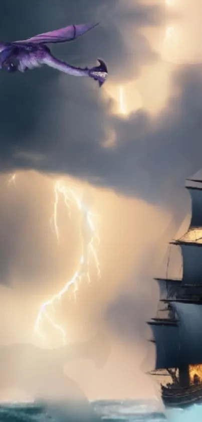 Dragon flies over ship in stormy sea with lightning and dark clouds.