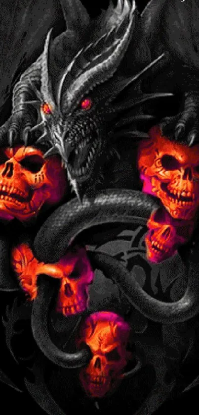 Black dragon holding fiery skulls in a gothic art style.