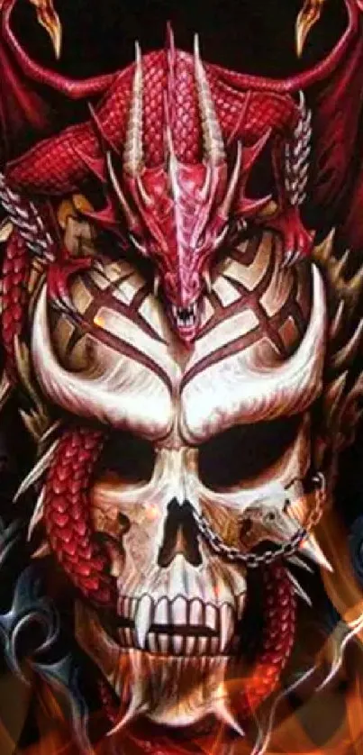 Intricate red dragon and skull design wallpaper, vibrant gothic theme.