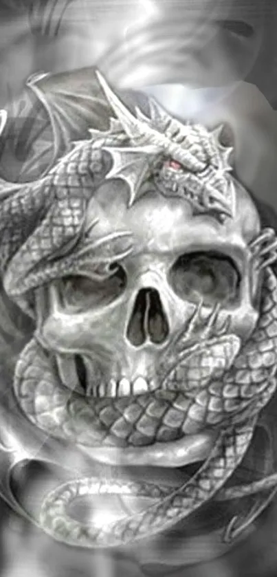 Grayscale art of a dragon wrapped around a skull for mobile wallpaper.