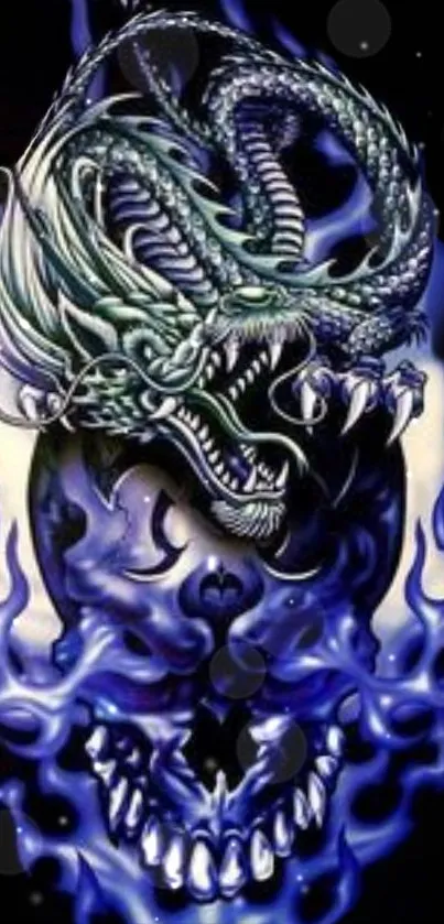 Intricate dragon and skull with blue flames mobile wallpaper design.