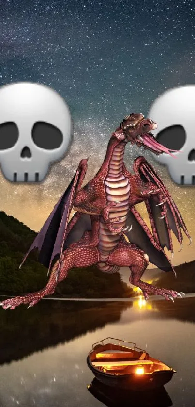 Fantasy dragon with skulls under starry night by a lake.