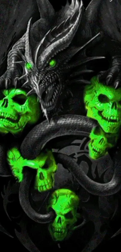 Dark fantasy dragon with green skulls wallpaper.