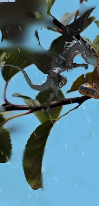 Fantasy art with dragon and snake on branches against a sky backdrop.