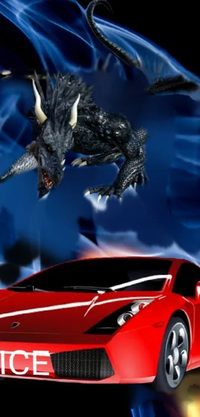 Fierce dragon hovering over sleek red sports car on a dark background.