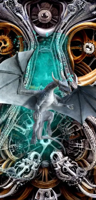 Dragon with steampunk elements and turquoise accents on a phone wallpaper.