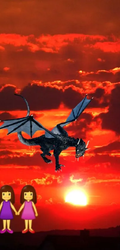 Majestic dragon in red sunset sky with cartoon characters.